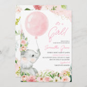 Pink Floral Girl Elephant Baby Dusche Einladung (Vorne/Hinten)