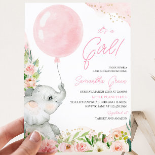 Pink Floral Girl Elephant Baby Dusche Einladung