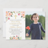 Pink Floral Girl First Holy Communy Foto Einladung (Vorderseite)