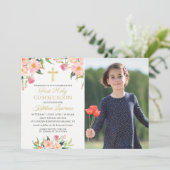 Pink Floral Girl First Holy Communy Foto Einladung (Stehend Vorderseite)