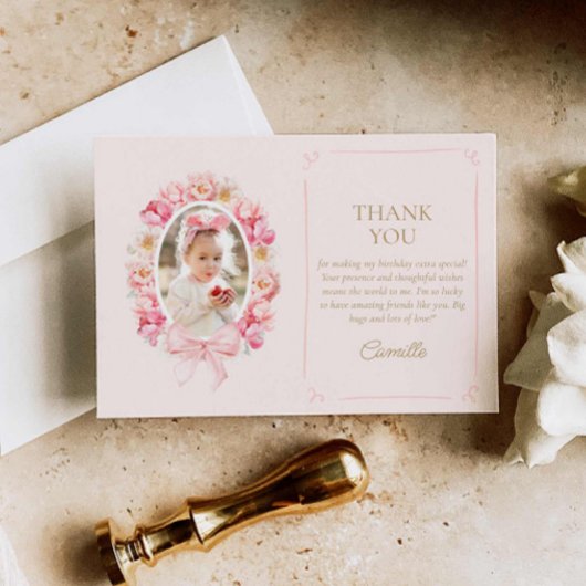 Pink Floral Girl Geburtstags-Foto Dankeskarte