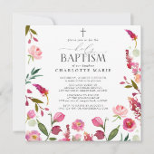 Pink Floral Girl Heilige Taufe Wasserfarben Blume Einladung (Vorderseite)