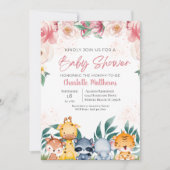 Pink Floral Girl Safari Jungle Animals Baby Dusche Einladung (Vorderseite)