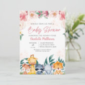 Pink Floral Girl Safari Jungle Animals Baby Dusche Einladung (Stehend Vorderseite)