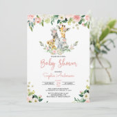 Pink Floral Girl Safari Jungle Animals Baby Dusche Einladung (Stehend Vorderseite)