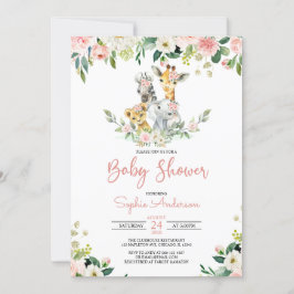 Pink Floral Girl Safari Jungle Animals Baby Dusche Einladung