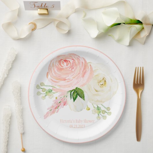 Pink Floral Girl Wasserfarbe Name Baby Dusche Pappteller (Hochzeit)