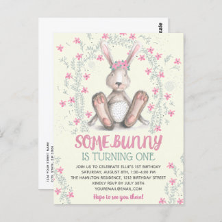 Pink Floral Girls Bunny Birthday Party Einladung Postkarte
