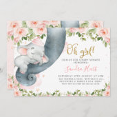 Pink Floral Girls Elephant Trunk Baby Dusche Einladung (Vorne/Hinten)