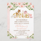 Pink Floral Girls Farm 1. Geburtstag Einladung (Vorne/Hinten)