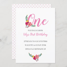 Pink Floral Girl's First Birthday Party Einladung