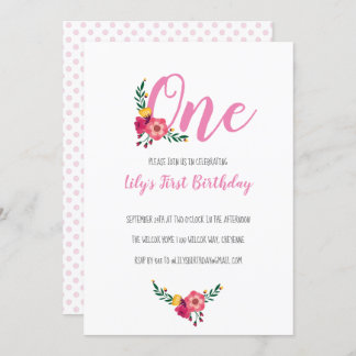 Pink Floral Girl's First Birthday Party Einladung