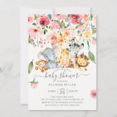 Pink Floral Girls Safari Tiere Kinderdusche Einladung (Vorderseite)