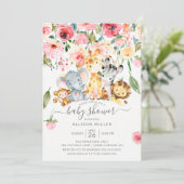 Pink Floral Girls Safari Tiere Kinderdusche Einladung (Stehend Vorderseite)