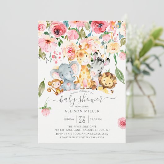 Pink Floral Girls Safari Tiere Kinderdusche Einladung (Stehend Vorderseite)