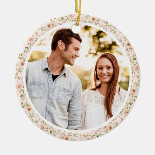 Pink Floral Girly Coquette 1. Weihnachten Verlobt Keramik Ornament (Vorne)