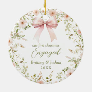 Pink Floral Girly Coquette 1. Weihnachten Verlobt Keramik Ornament