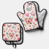 Pink Floral Girly Ofenhandschuh & Topflappen-Set (Vorderseite/Rückseite)