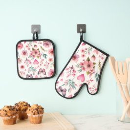 Pink Floral Girly Ofenhandschuh & Topflappen-Set