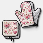 Pink Floral Girly Ofenhandschuh & Topflappen-Set (Vorderseite/Rückseite)