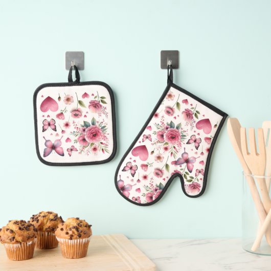 Pink Floral Girly Ofenhandschuh & Topflappen-Set (Insitu (Hängend))
