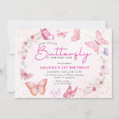 Pink floral Glitter a little Butterfly birthday  Einladung (Vorderseite)