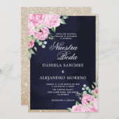 Pink Floral Glitzer Nuestra Boda Hochzeit Einladung (Vorne/Hinten)