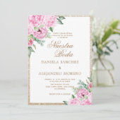Pink Floral Glitzer Nuestra Boda Hochzeit Einladung (Stehend Vorderseite)