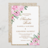 Pink Floral Glitzer Nuestra Boda Hochzeit Einladung (Vorne/Hinten)