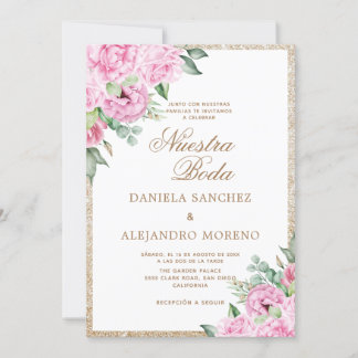Pink Floral Glitzer Nuestra Boda Hochzeit Einladung