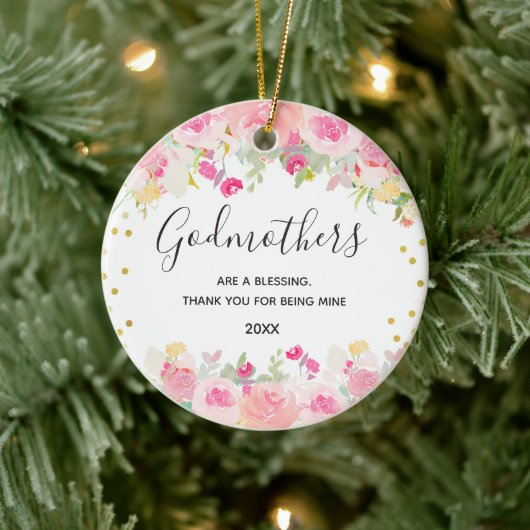 Pink Floral Godmothers Gold Keramik Ornament (Baum)
