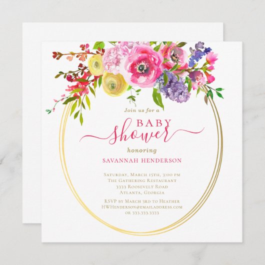 Pink Floral Gold Accelerator Script Baby Shower In Einladung (Vorne/Hinten)