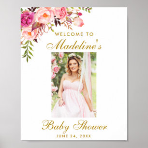 Pink Floral Gold Babydusche Begrüßungs-Foto Poster