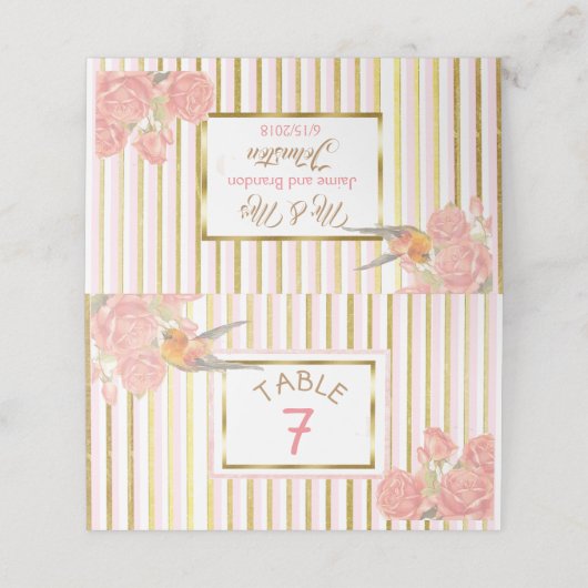 PInk Floral Gold Bird Wedding Tischnummer Platzkarte (Außenseite Aufgefaltet)