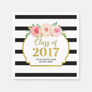 Pink Floral Gold Black Stripes 2017 Abschluss Serviette
