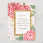 Pink Floral Gold Confetti Brautparty Einladung (Vorne/Hinten)