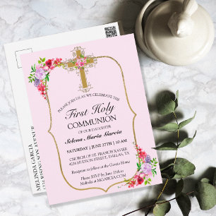 PINK FLORAL GOLD CROSS 1. GEMEINSCHAFTLICHE EINLAD POSTKARTE