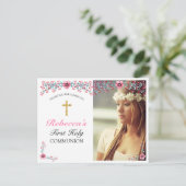 Pink Floral Gold Cross Erste Kommune Vielen Dank Postkarte (Stehend Vorderseite)