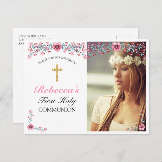 Pink Floral Gold Cross Erste Kommune Vielen Dank Postkarte (Vorne/Hinten)