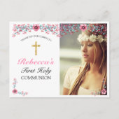 Pink Floral Gold Cross Erste Kommune Vielen Dank Postkarte (Vorderseite)