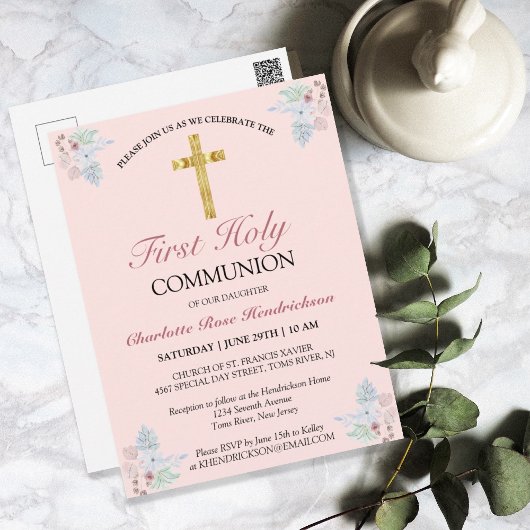 Pink Floral Gold Cross First Communion Einladung Postkarte
