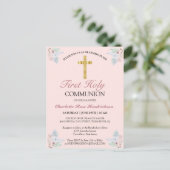 Pink Floral Gold Cross First Communion Einladung Postkarte (Stehend Vorderseite)