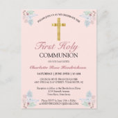 Pink Floral Gold Cross First Communion Einladung Postkarte (Vorderseite)