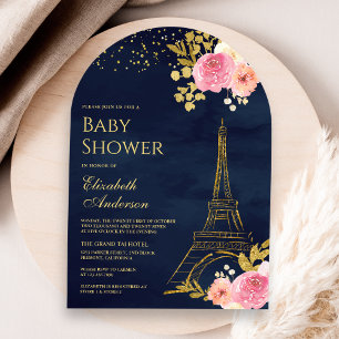 Pink Floral Gold Eiffelturm Navy Baby Dusche Einladung