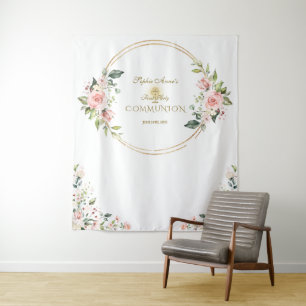 Pink Floral Gold Erstklassiger Kommunion Foto Prop Wandteppich