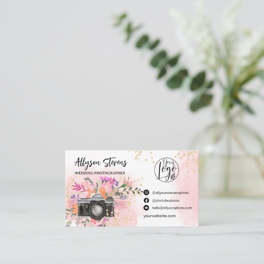 Pink Floral gold Foto Logo qr Visitenkarte (Stehend Vorderseite)