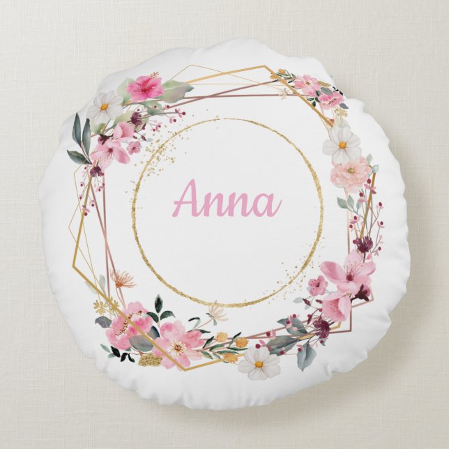 Pink Floral Gold Geometric Decorative Pillow Rundes Kissen (Rückseite)