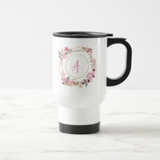 Pink Floral Gold Geometric Travel Mug Reisebecher (Rechts)