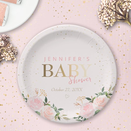 Pink Floral Gold Girl Babydusche Pappteller