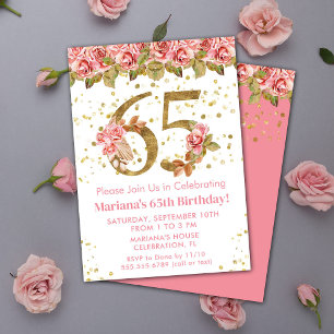 Pink Floral Gold Glitzer 65. Geburtstagsparty Einladung